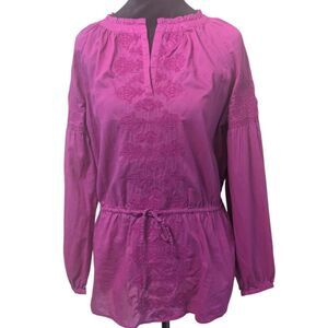 Lauren Ralph Lauren Magenta Embroidered Cotton Peasant Blouse Small Boho Chic